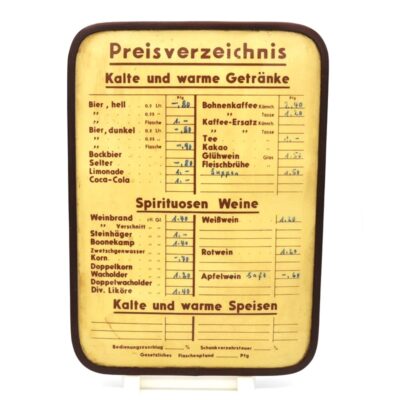 Preisschild einer Gaststätte 50er Jahre