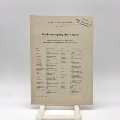 Broschur Geldversorgung der Schweizer Armee 1957 | Fabulafero - Antiquitäten und Einzigartiges Broschur Geldversorgung der Schweizer Armee 1957