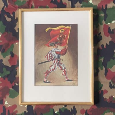 Bild Bannerträger Kanton Glarus | Fabulafero - Antiquitäten und Einzigartiges Framed illustration of a knight in red-and-white armor raising a sword while bearing a red banner with a saint depicted on top.